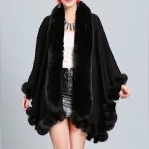 Double Layer Faux Fur Cape. Black, one size